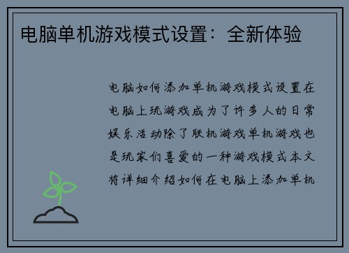 电脑单机游戏模式设置：全新体验
